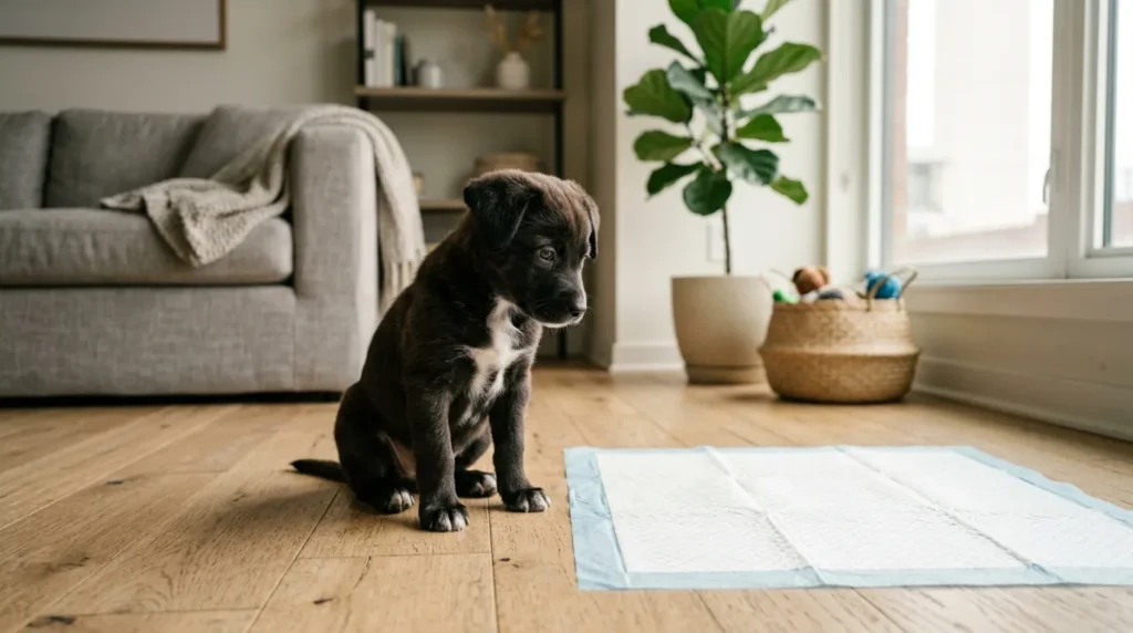 Cachorro filhote sentado ao lado de tapete higiênico em sala clara de apartamento