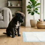 Cachorro filhote sentado ao lado de tapete higiênico em sala clara de apartamento