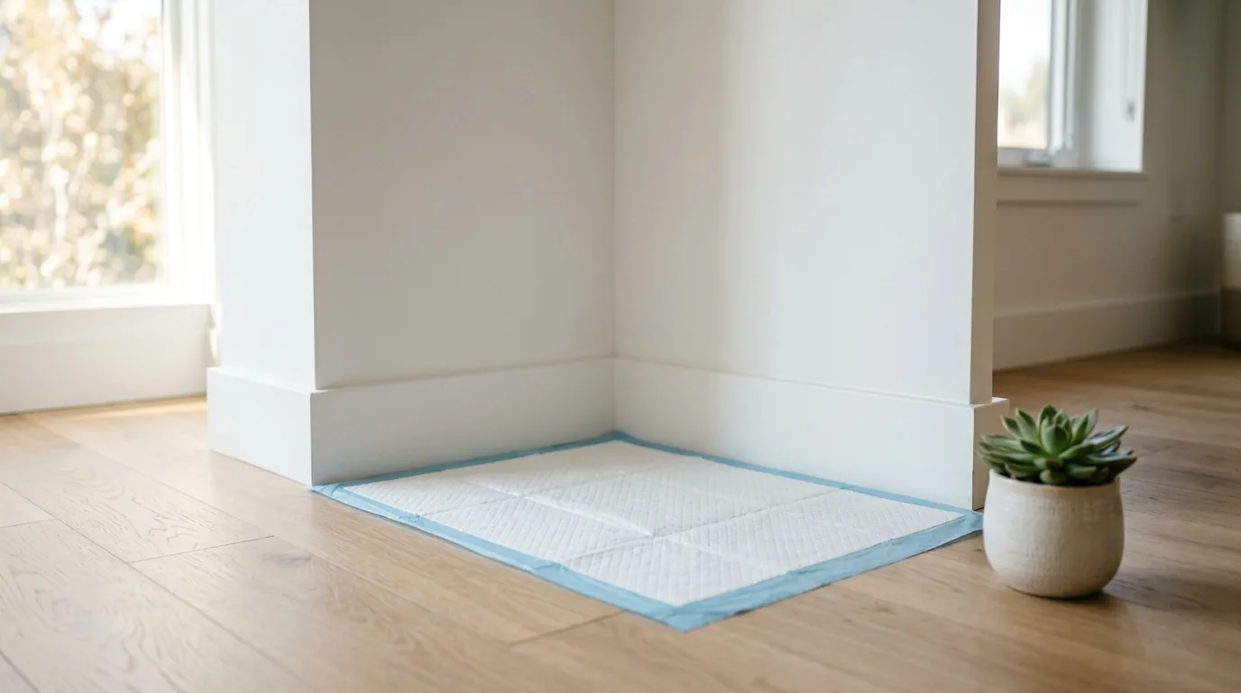 Tapete higiênico para filhote posicionado no canto de sala com piso de madeira clara