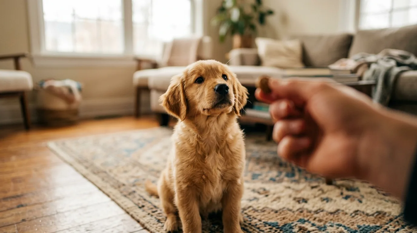 Cachorro filhote atento recebendo petisco de treino em reforço positivo