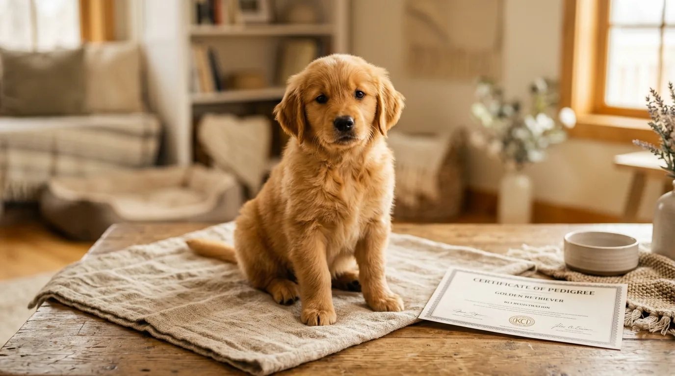 Filhote de golden retriever de linhagem pura com certificado de pedigree ao lado