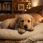Filhote de labrador amarelo deitado em caminha macia em quarto acolhedor à noite