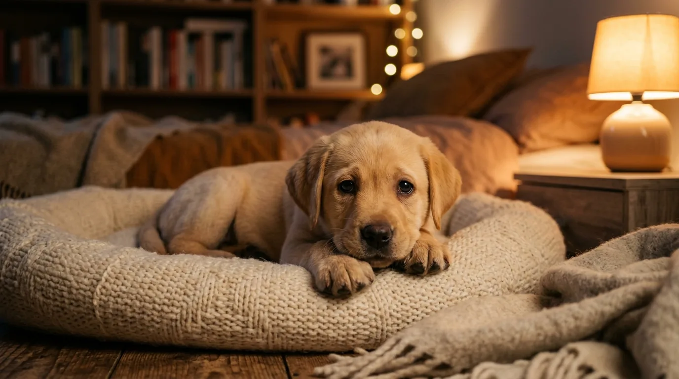 Filhote de labrador amarelo deitado em caminha macia em quarto acolhedor à noite