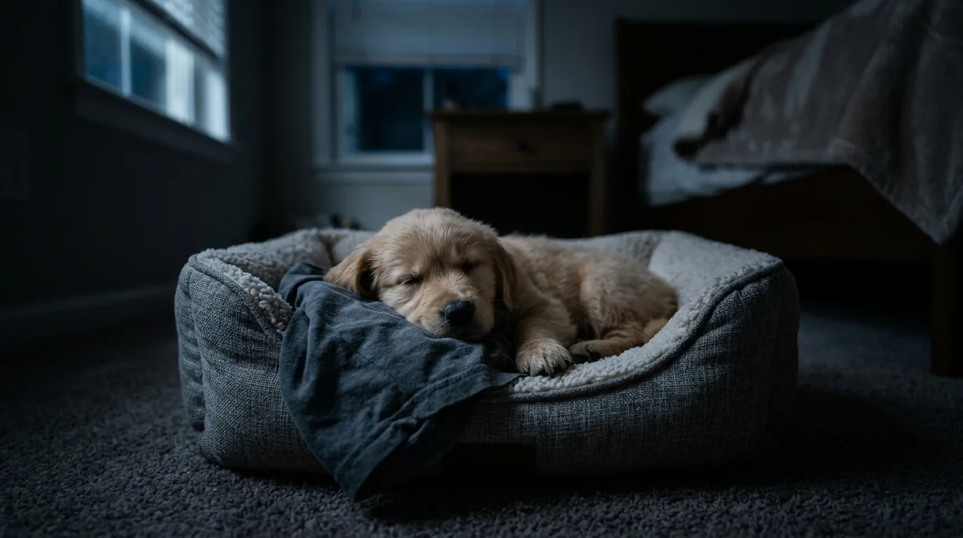 Cachorro filhote sozinho dormindo em caminha com camiseta do tutor à noite