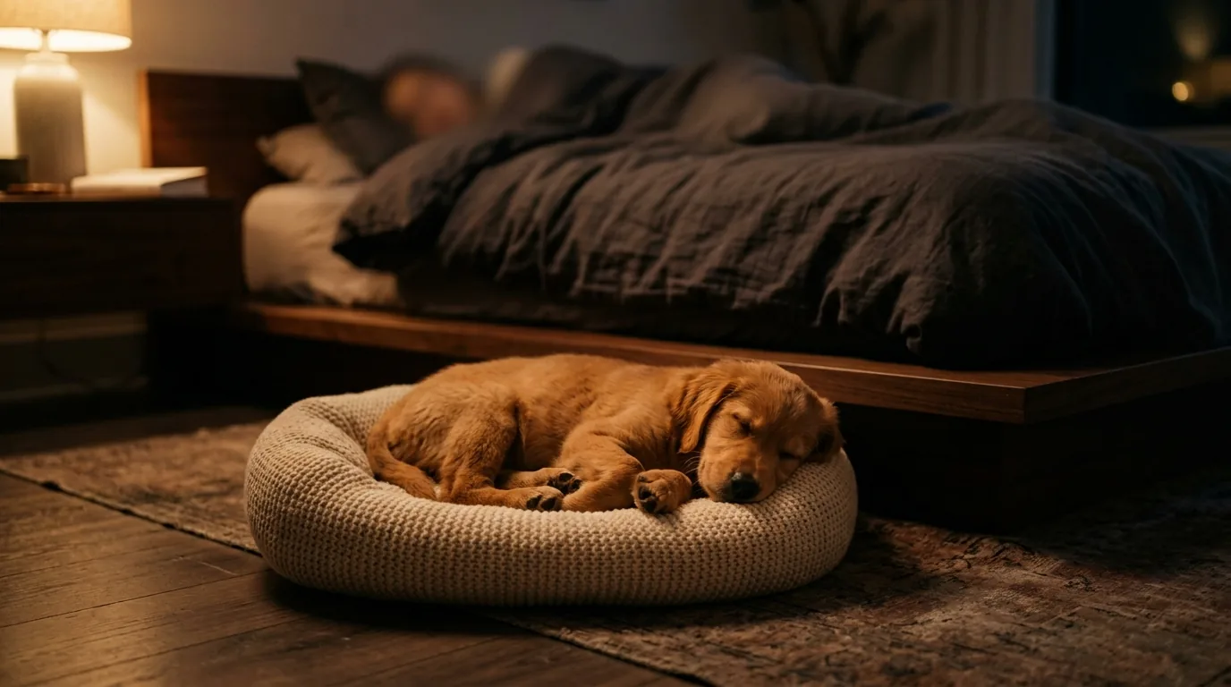 Cachorro filhote dormindo tranquilo em caminha ao lado da cama do tutor