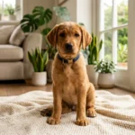 Filhote de cachorro sentado em tapete claro numa sala aconchegante