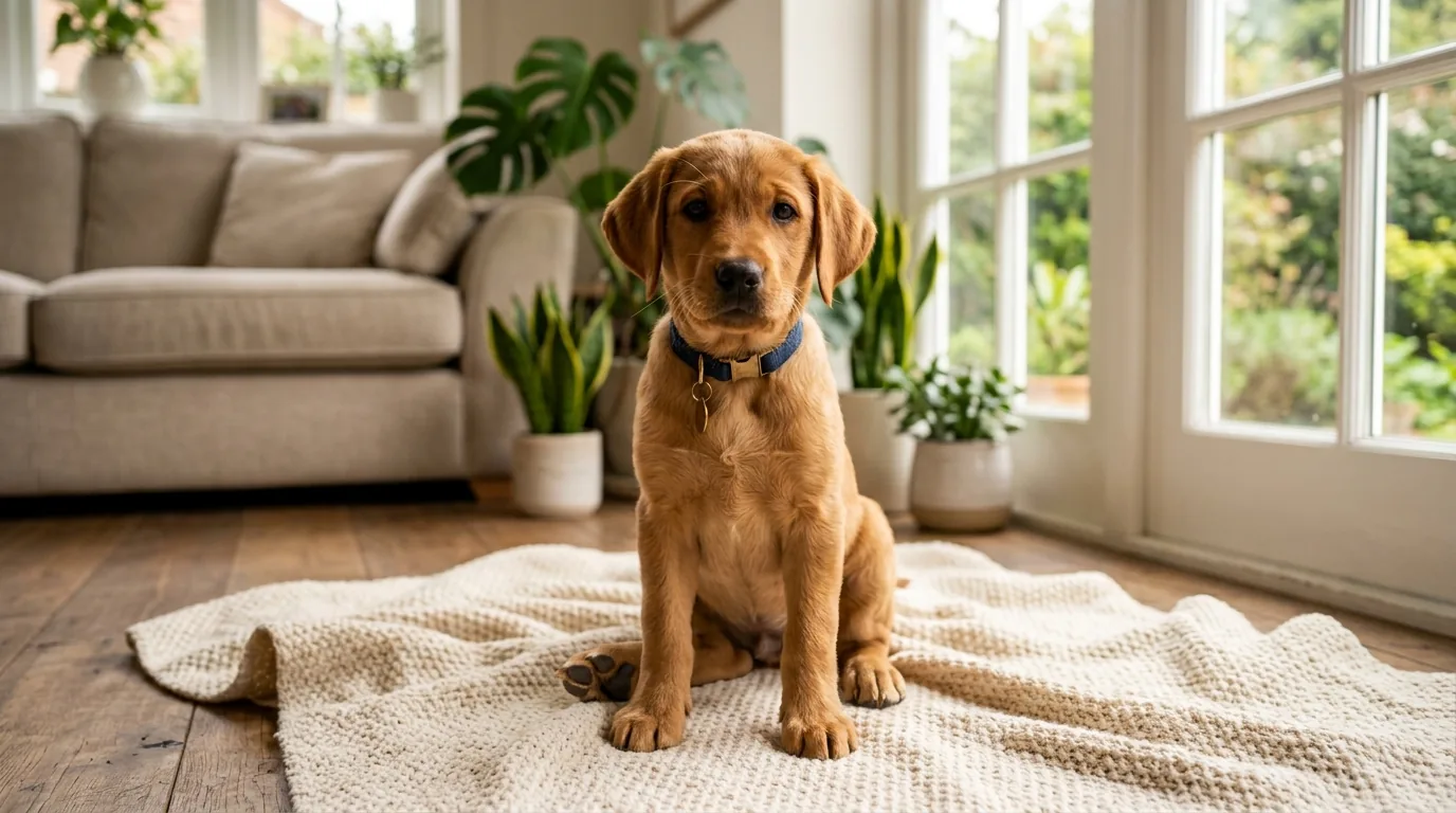 Filhote de cachorro sentado em tapete claro numa sala aconchegante