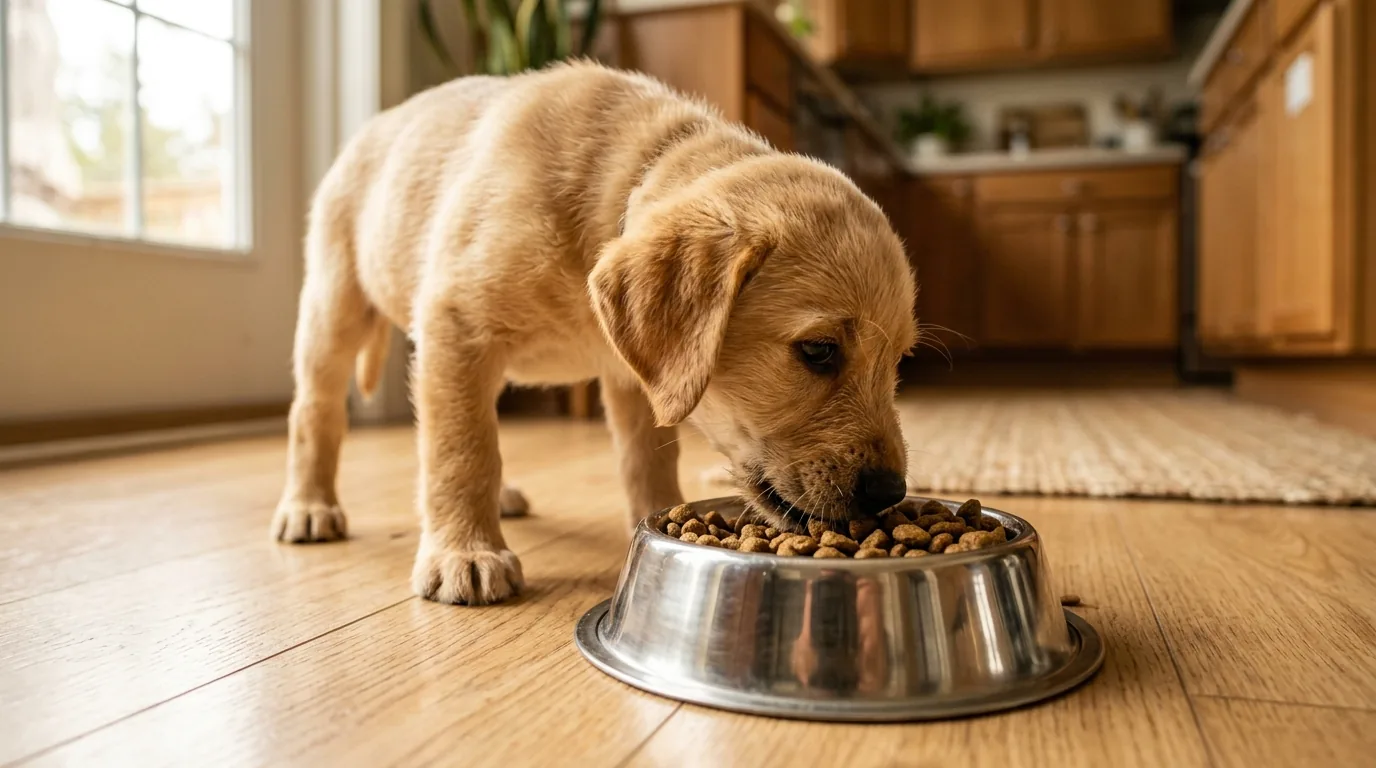 Filhote de cachorro comendo racao em vasilha de inox no chao da cozinha
