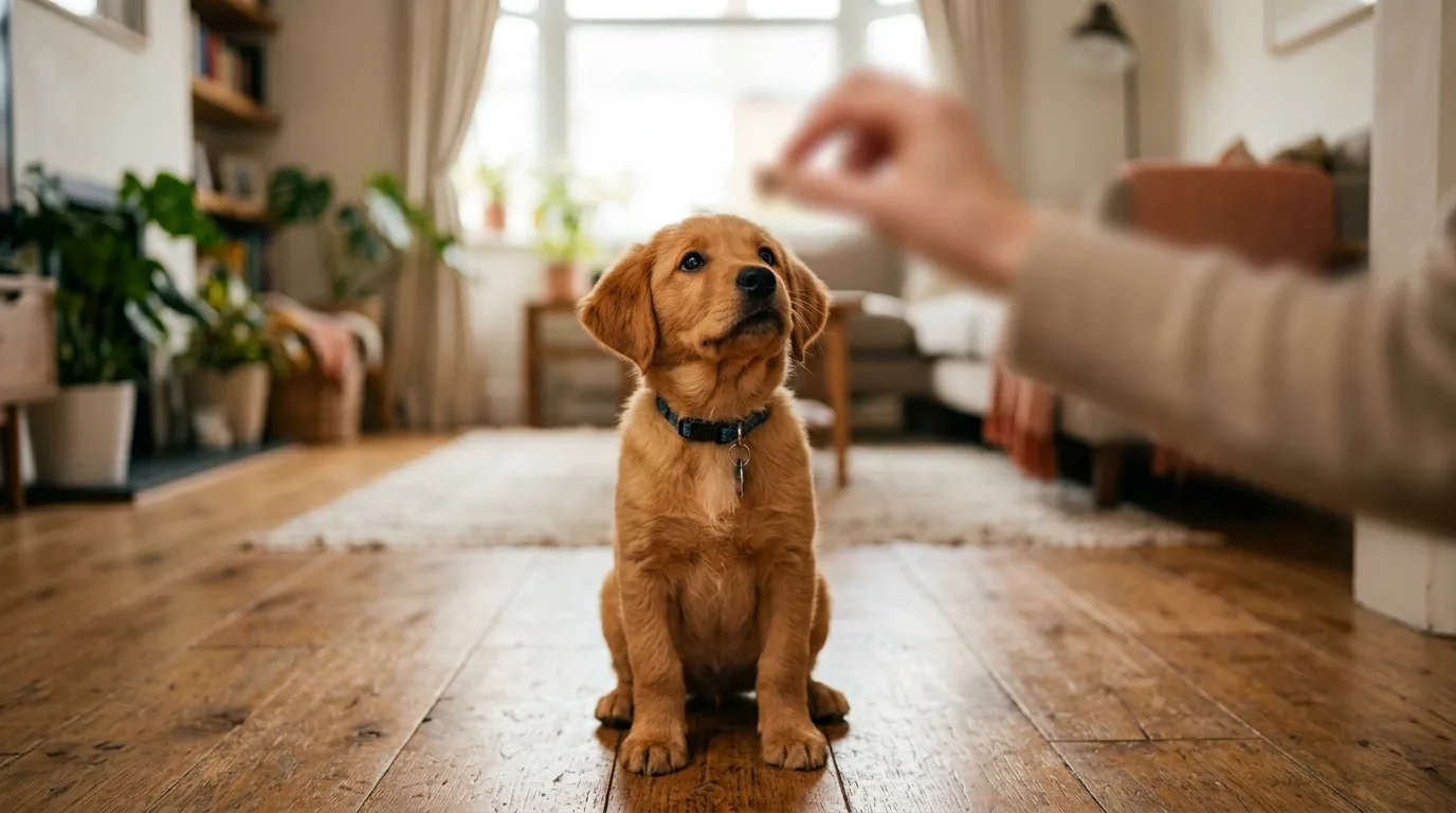 Filhote de cachorro recebendo petisco durante adestramento com reforco positivo