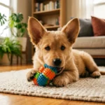 Cachorro filhote brincando e mordendo brinquedo colorido em tapete de sala