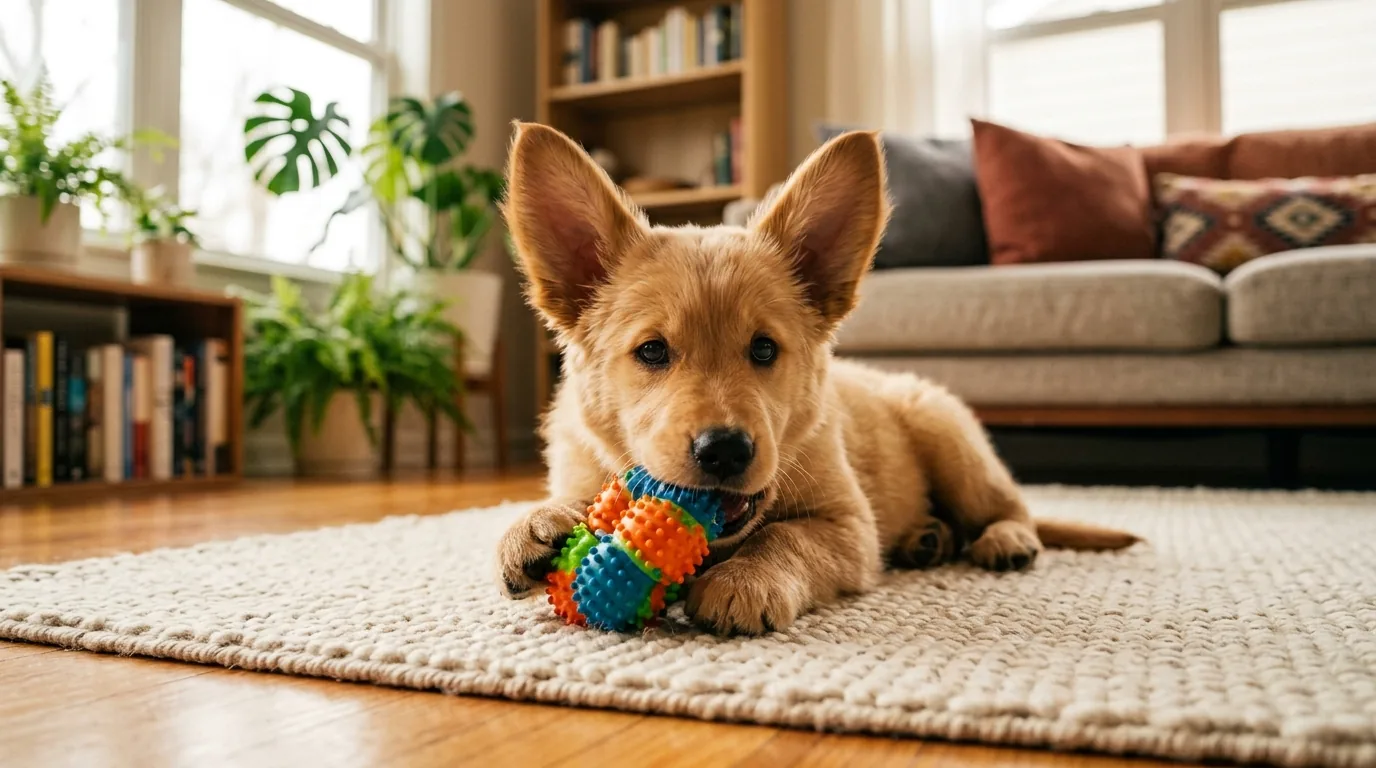 Cachorro filhote brincando e mordendo brinquedo colorido em tapete de sala