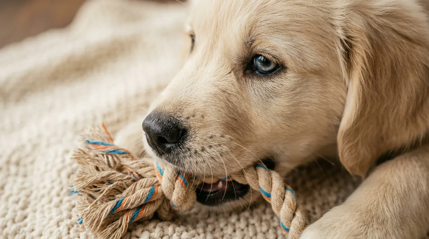 Close de cachorro filhote mordendo corda de algodão como brinquedo de redirecionamento