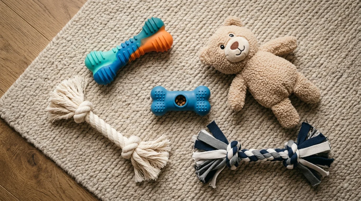 Variedade de brinquedos seguros para cachorro filhote morder: borracha, corda e pelúcia