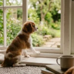 Cachorro filhote sozinho olhando pela janela esperando o tutor voltar