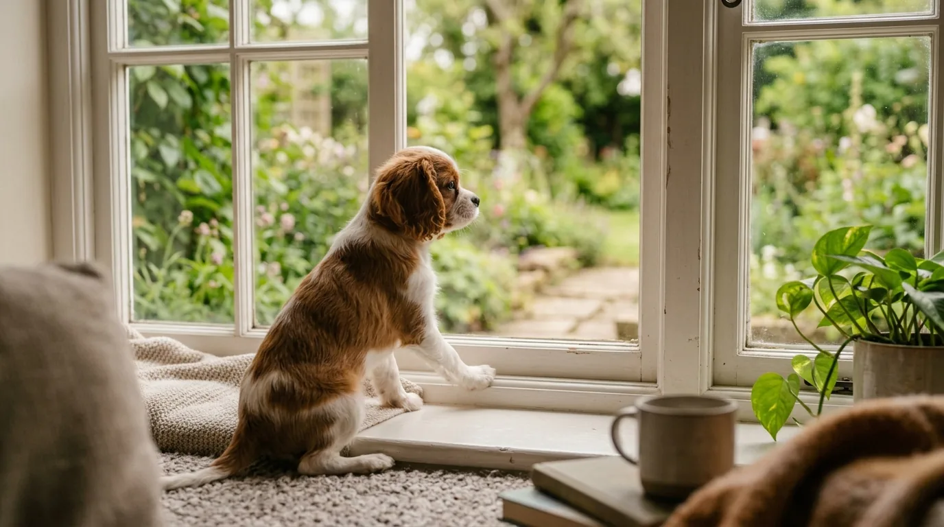 Cachorro filhote sozinho olhando pela janela esperando o tutor voltar