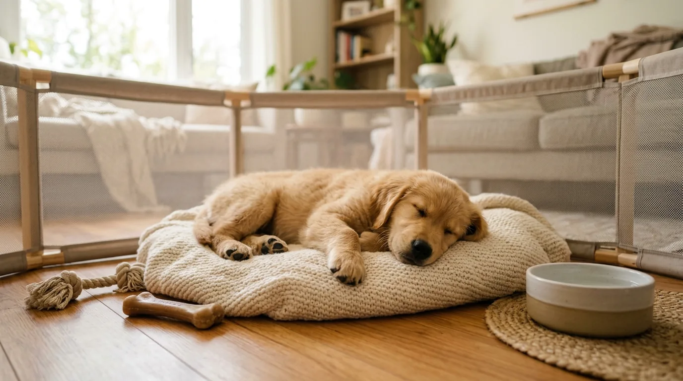 Cachorro filhote calmo em área delimitada segura com cama, água e brinquedo