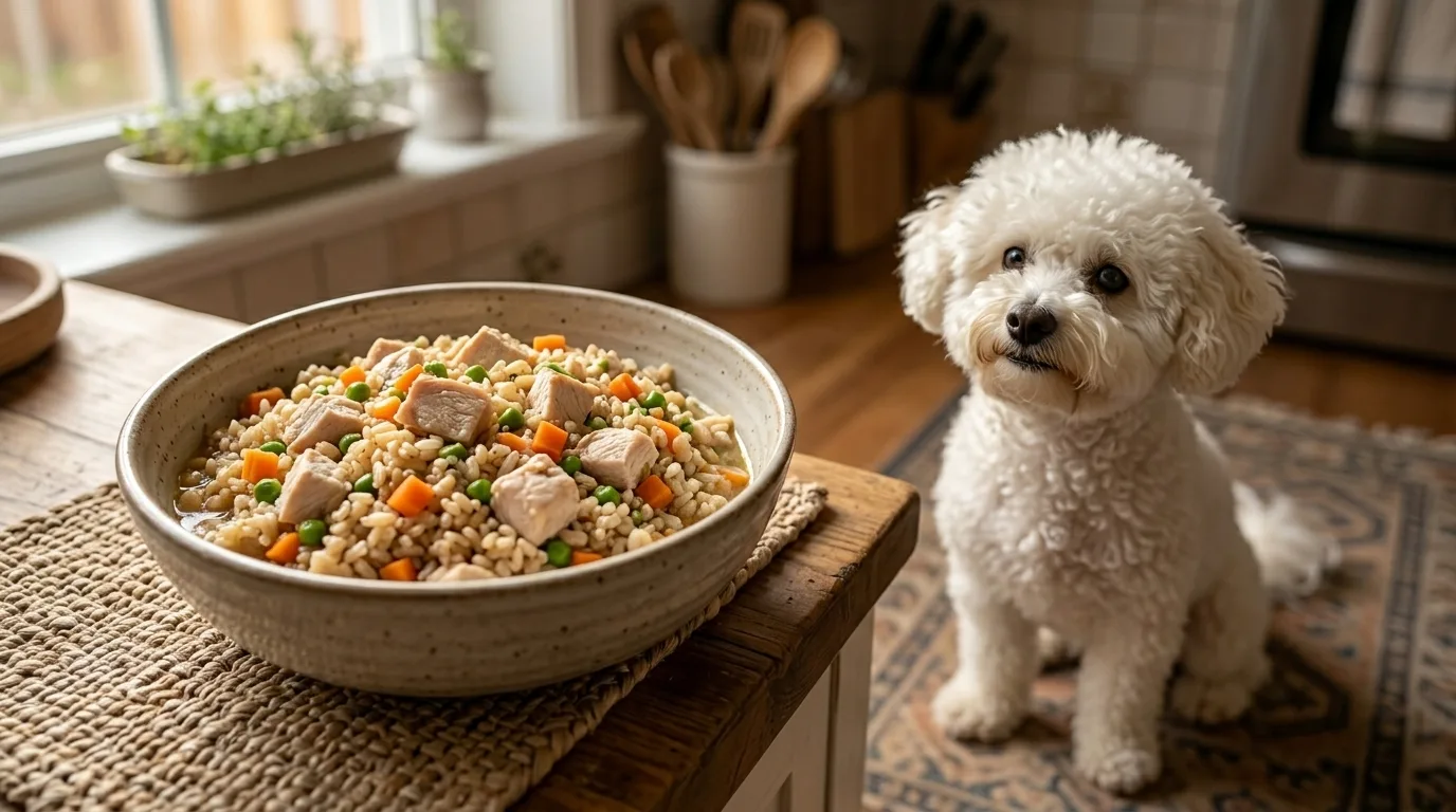 Tigela de comida caseira fresca com frango arroz e legumes