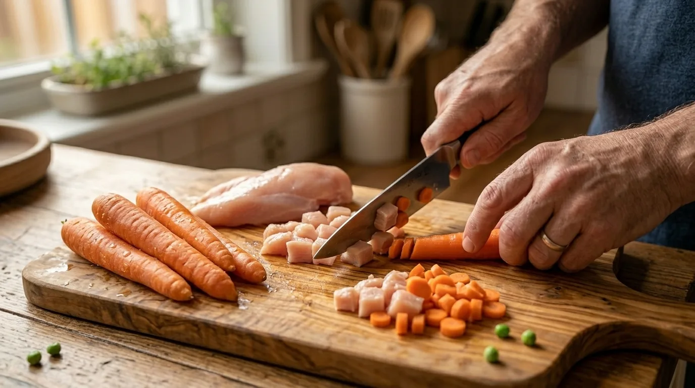 Maos preparando ingredientes frescos em tabua de corte
