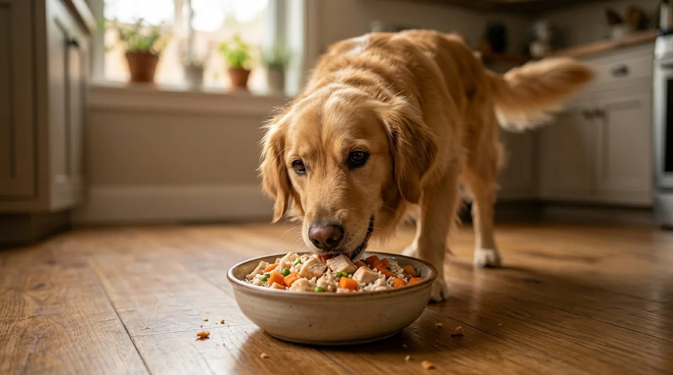 Cachorro feliz comendo comida caseira na cozinha