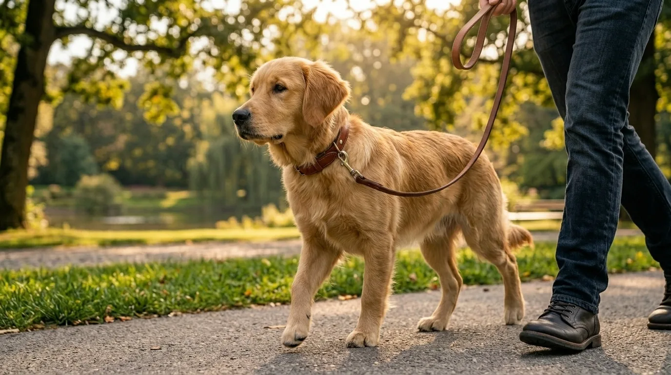 Cachorro caminhando calmamente ao lado do dono na guia