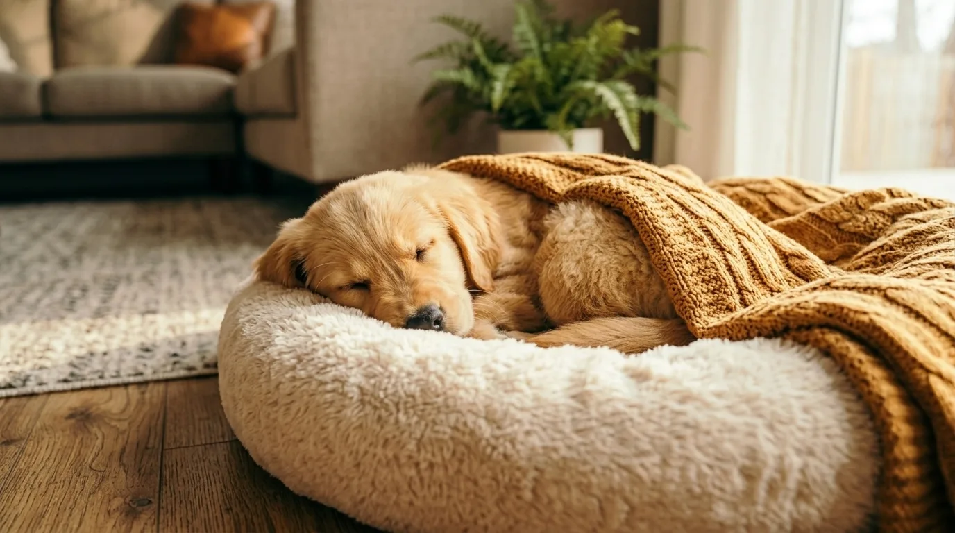 Filhote de cachorro golden dormindo confortável em cama aconchegante