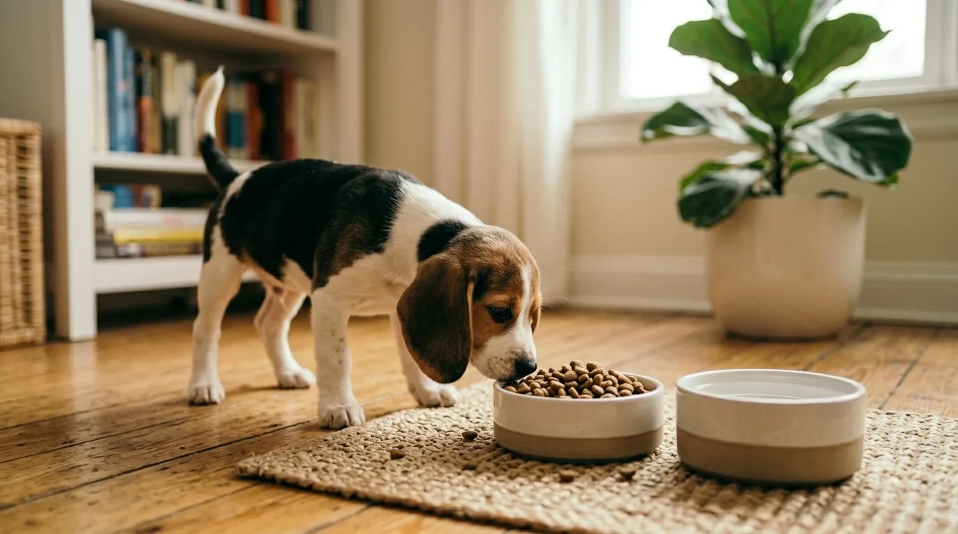 Filhote de cachorro beagle curioso explorando tigelas de comida e água
