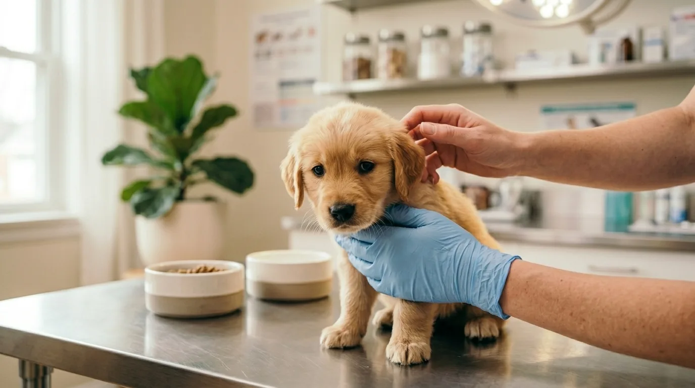 Filhote de cachorro sendo examinado por veterinário em clínica