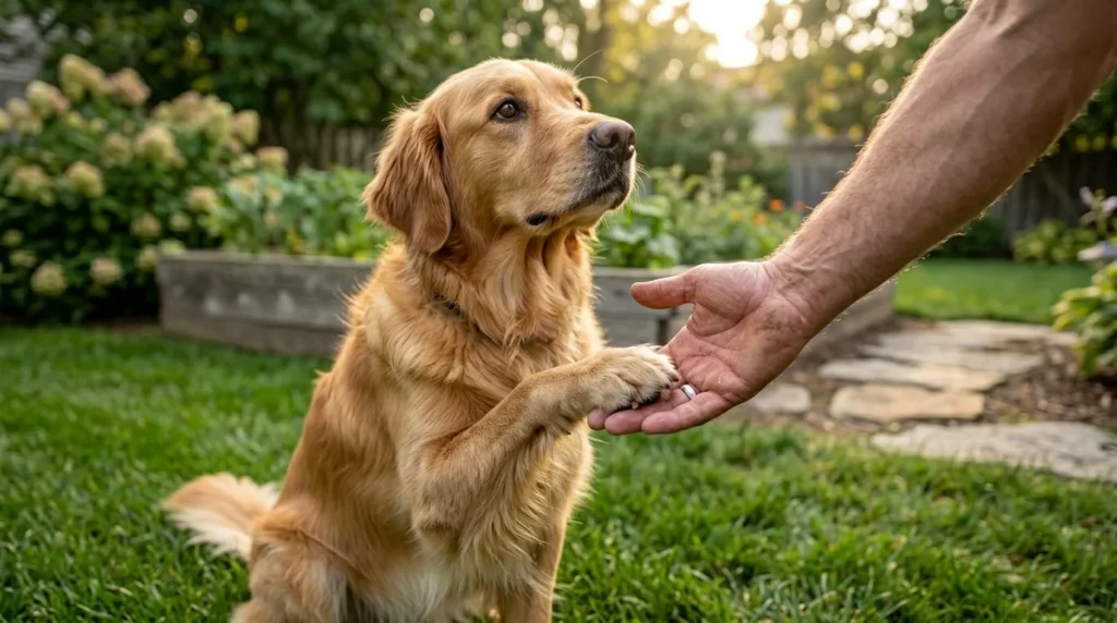 Golden Retriever dando a pata para a mao do dono