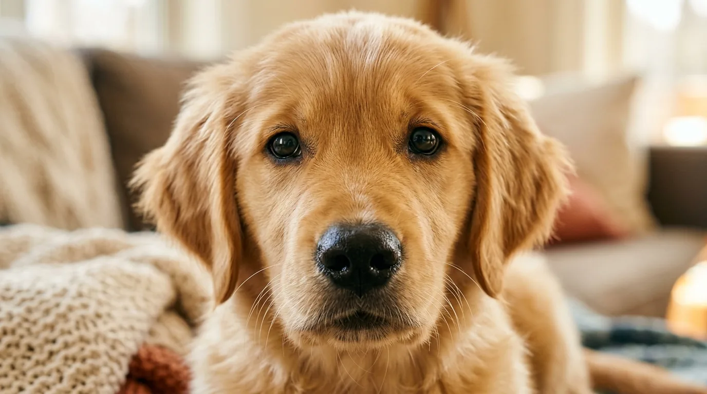 Close do rosto de cachorro filhote saudável com olhos claros e pelo brilhante