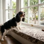 Cachorro latindo alerta observando a rua pela janela