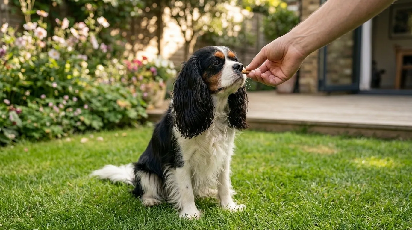 Dono recompensando cachorro com petisco durante treino
