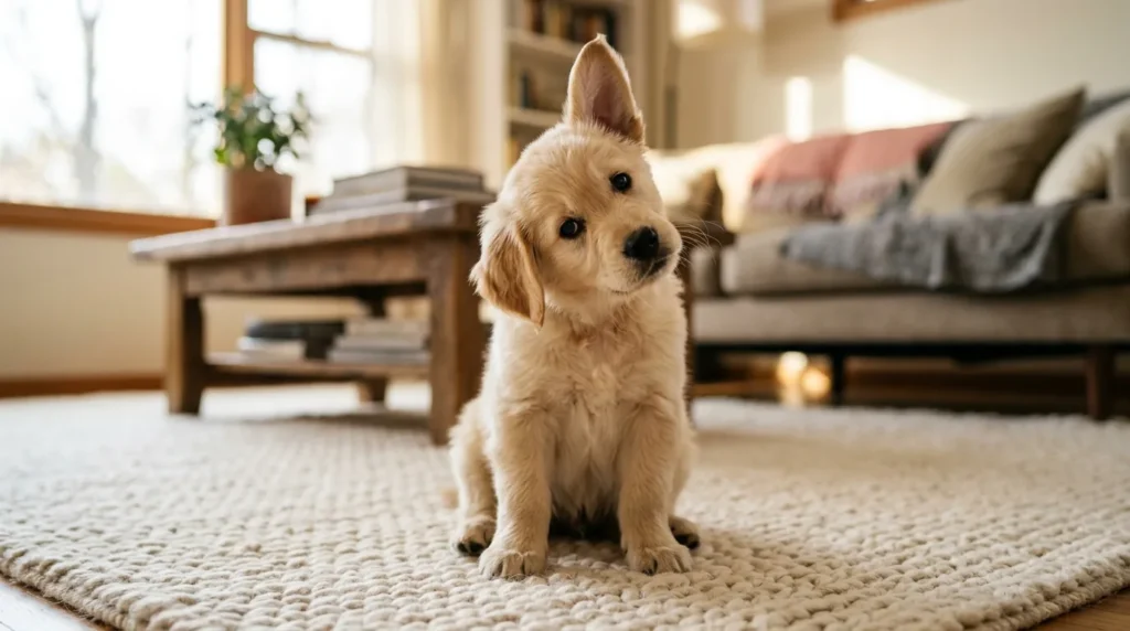 Cachorro filhote com cabeça inclinada em expressão curiosa e confusa