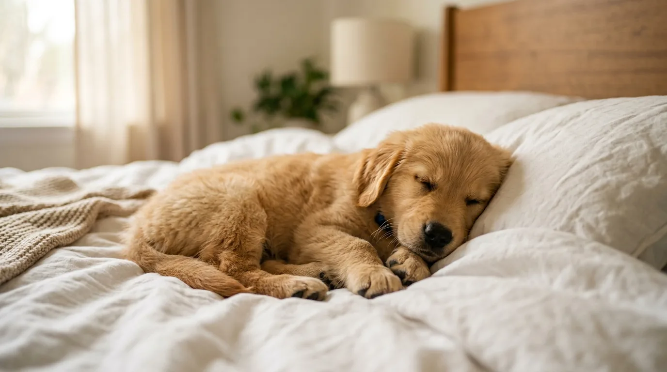 Cachorro filhote dormindo tranquilo sobre cama de casal com lençóis brancos