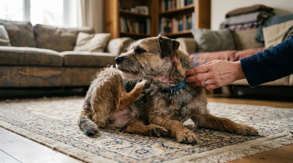 Cachorro se coçando persistentemente em tapete de casa com mao do tutor por perto