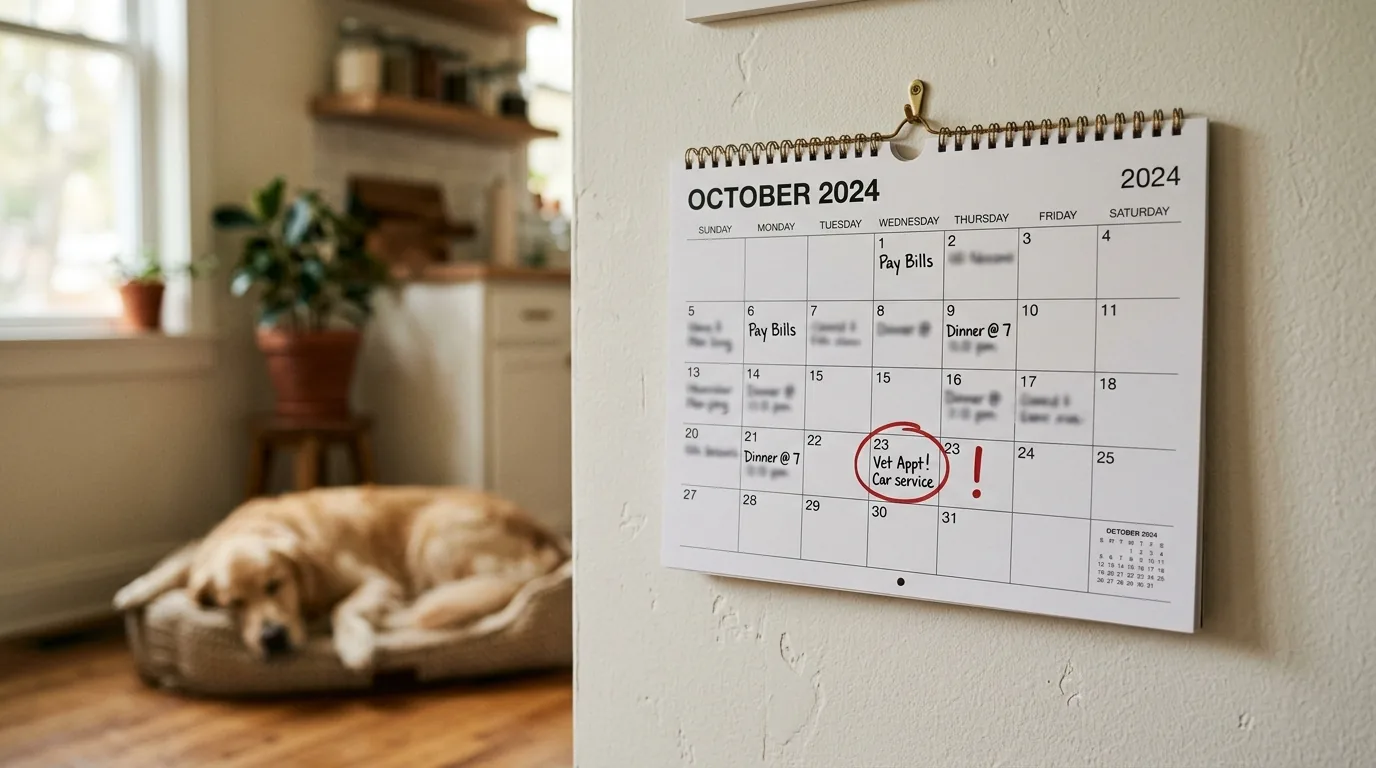 Calendario de parede com data circulada em vermelho simbolizando lembrete atrasado
