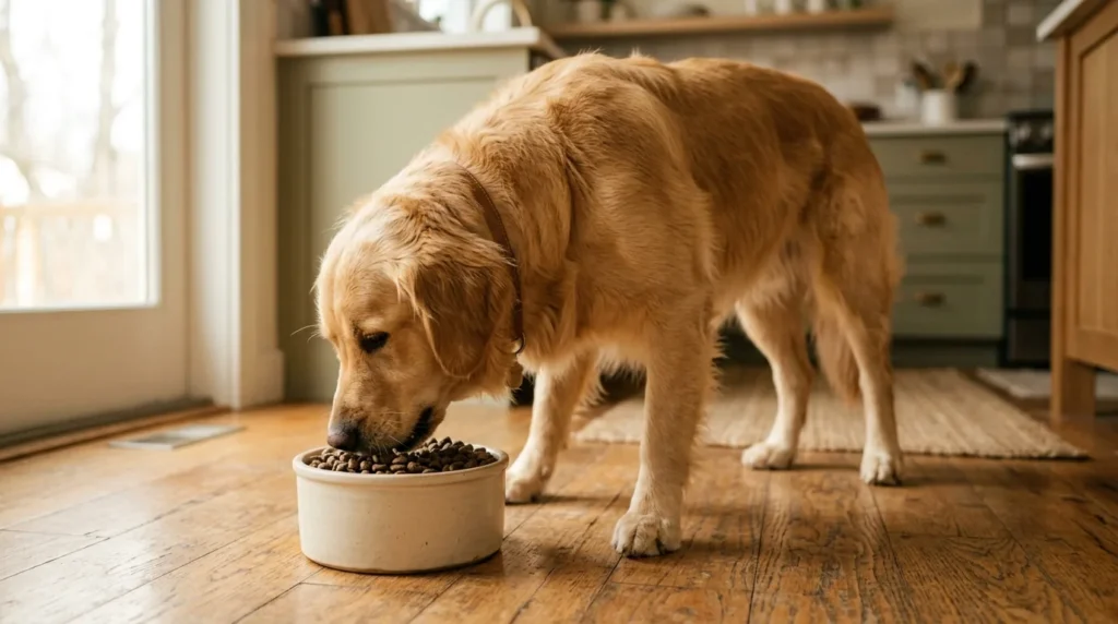 Cachorro de porte grande comendo racao em tigela grande