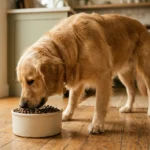Cachorro de porte grande comendo racao em tigela grande