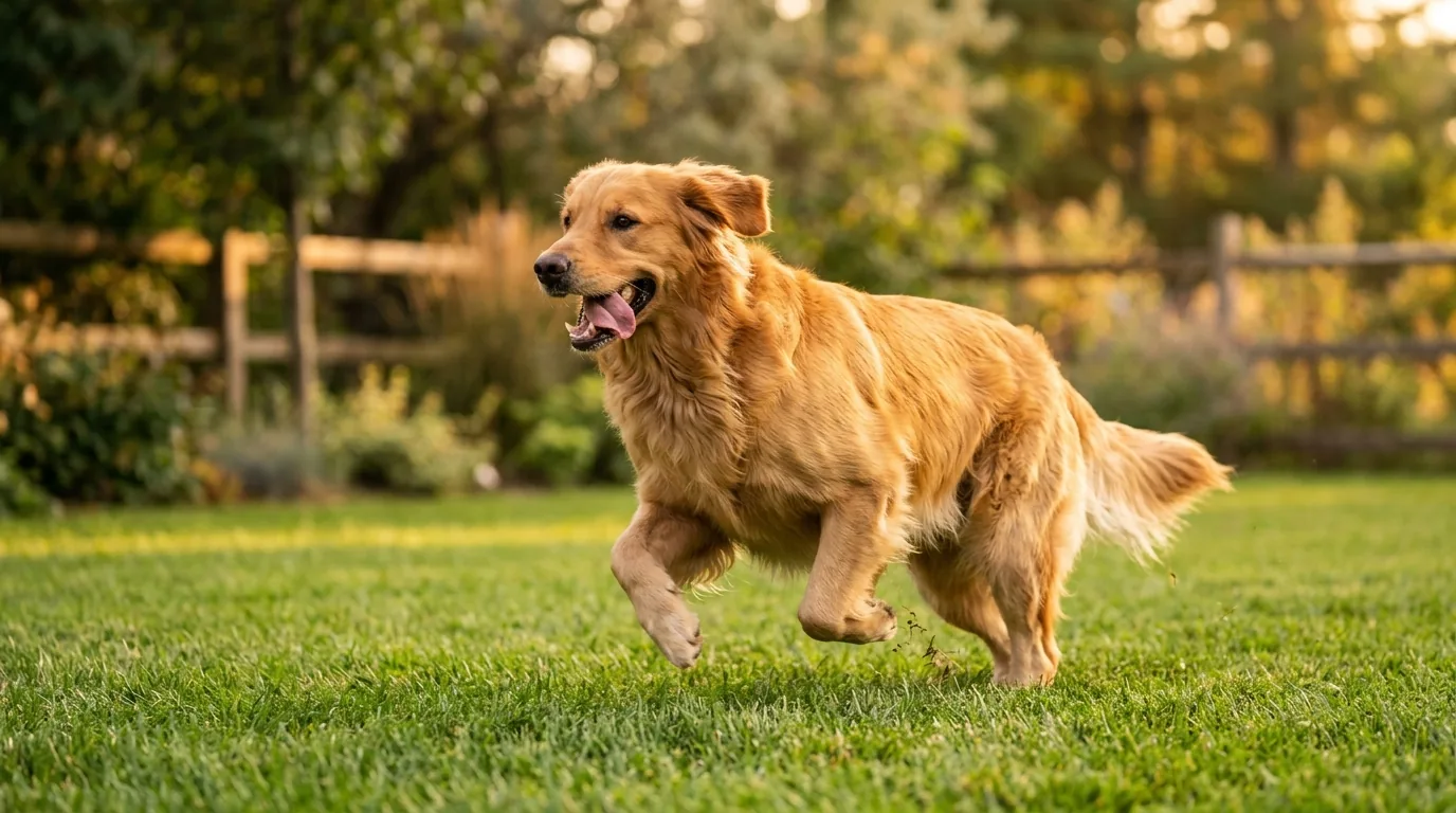 Cachorro grande correndo ativamente no quintal
