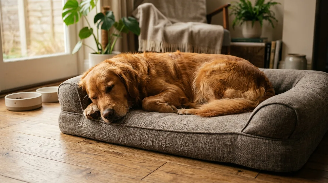 Cachorro grande descansando tranquilo em caminha apos refeicao