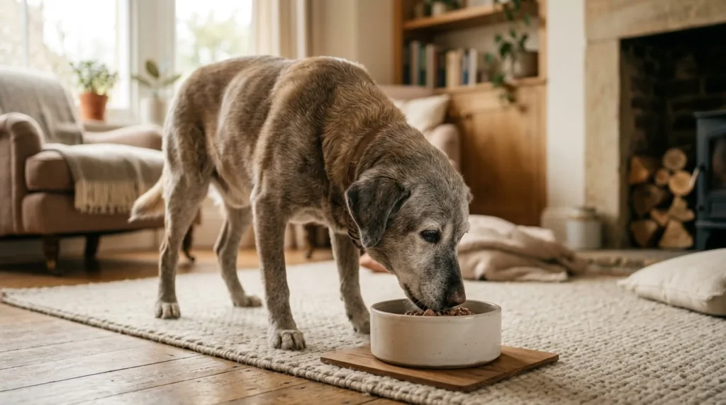 Cachorro idoso com focinho grisalho comendo calmamente em tigela de ceramica