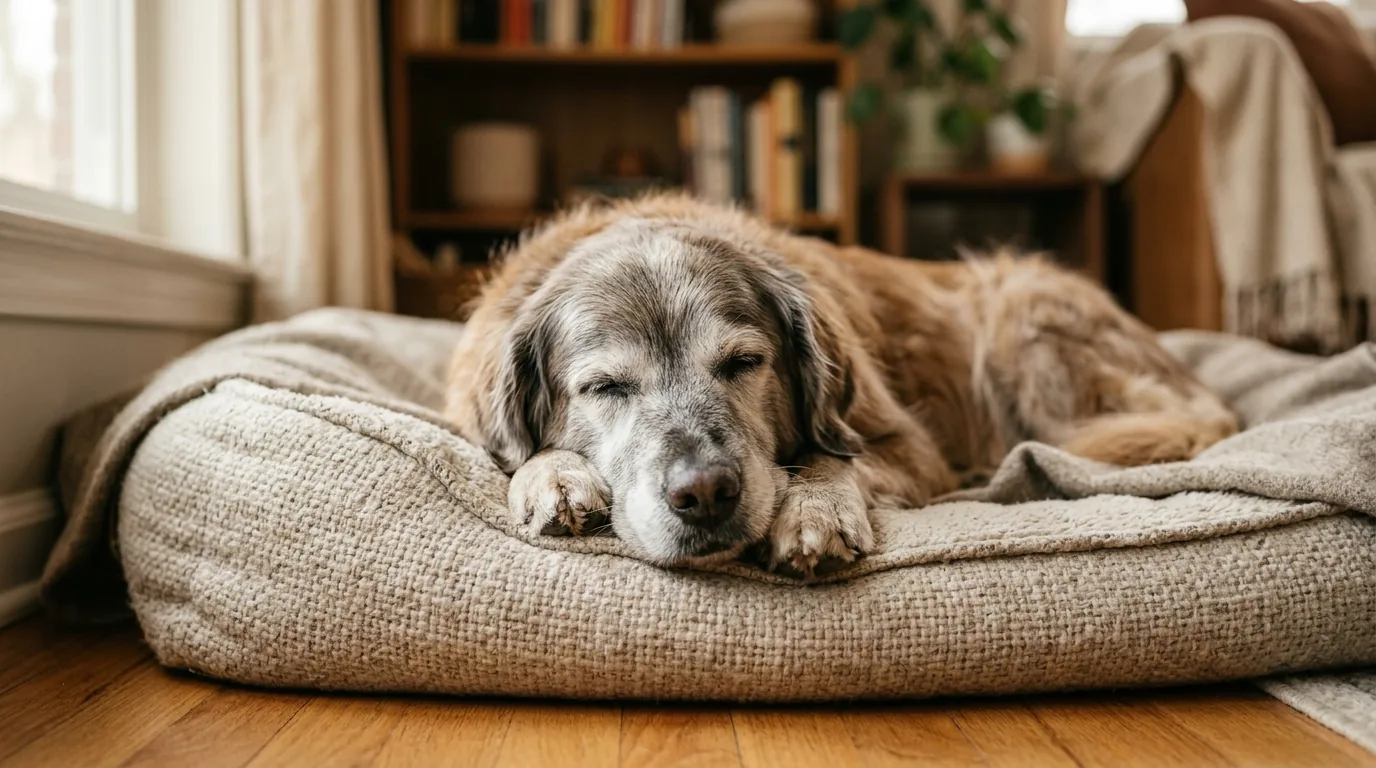 Cachorro idoso descansando tranquilo em caminha aconchegante apos refeicao