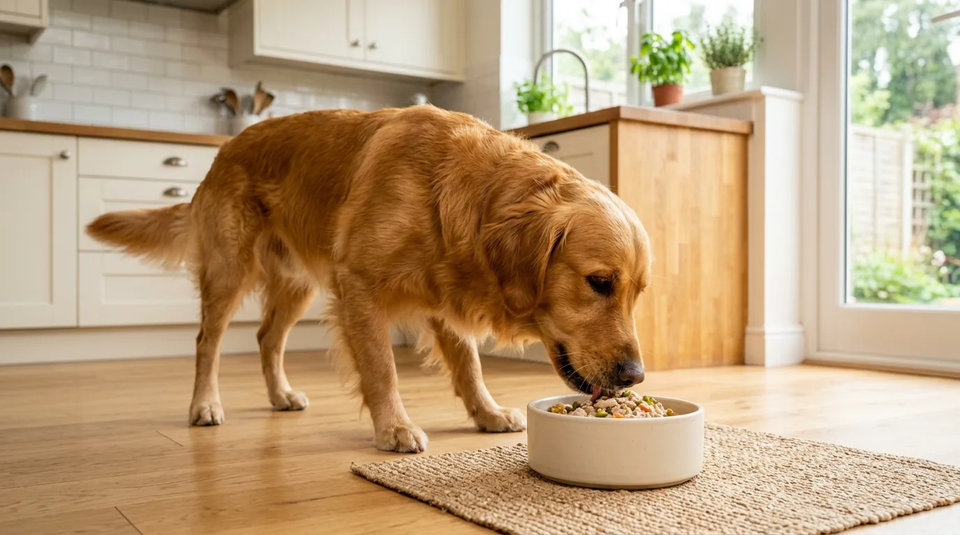 Cachorro saudavel com pelagem brilhante comendo feliz em tigela na cozinha