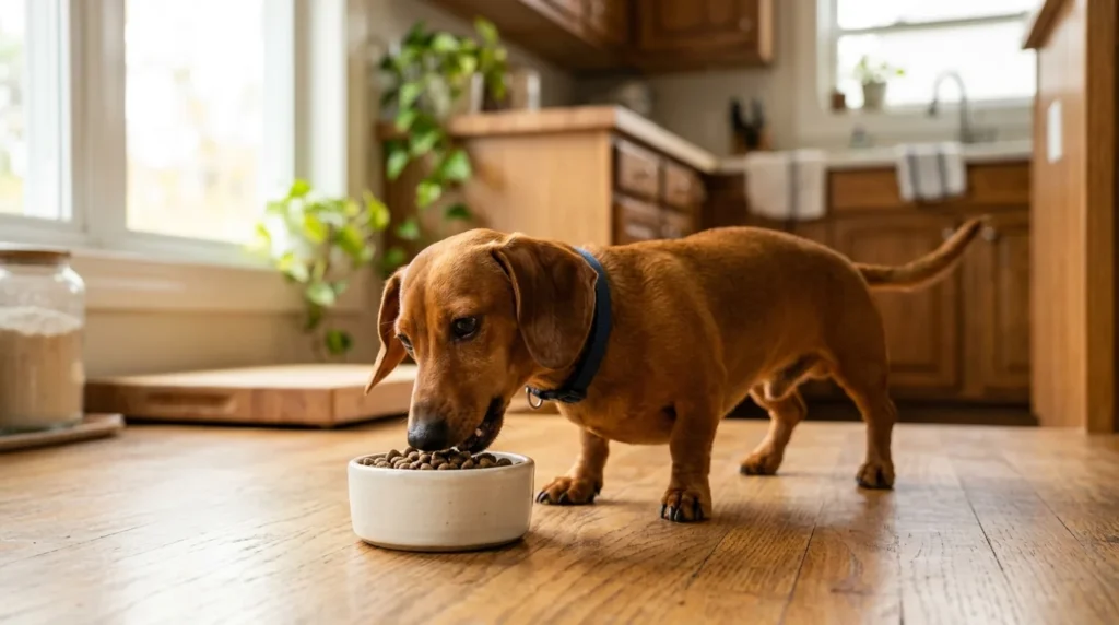 Cachorro de porte pequeno comendo racao em tigela de ceramica