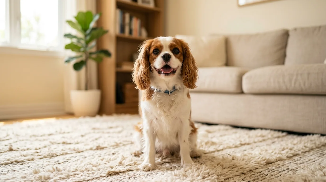 Cachorro pequeno sentado tranquilo em tapete na sala de estar