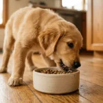 Filhote comendo racao pequena em tigela de ceramica na cozinha
