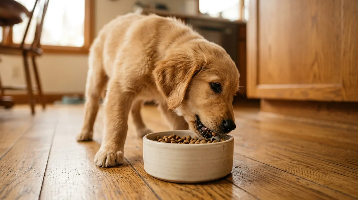 Filhote comendo racao pequena em tigela de ceramica na cozinha
