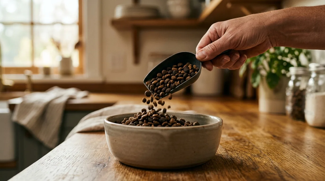 Mao derramando racao escura e rica em tigela de ceramica na cozinha