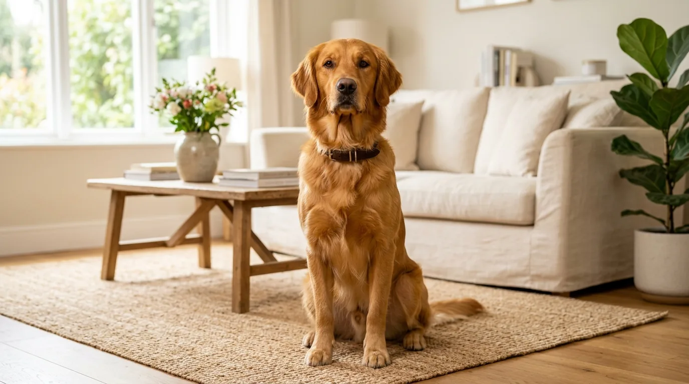 Cachorro saudavel com pelagem brilhante sentado em sala de estar