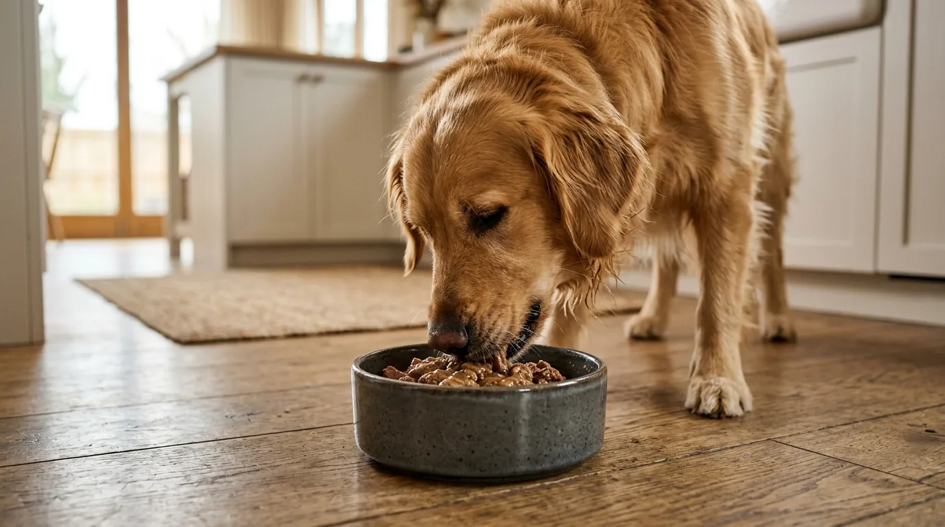 Cachorro cheirando e comendo com entusiasmo racao umida em tigela de ceramica