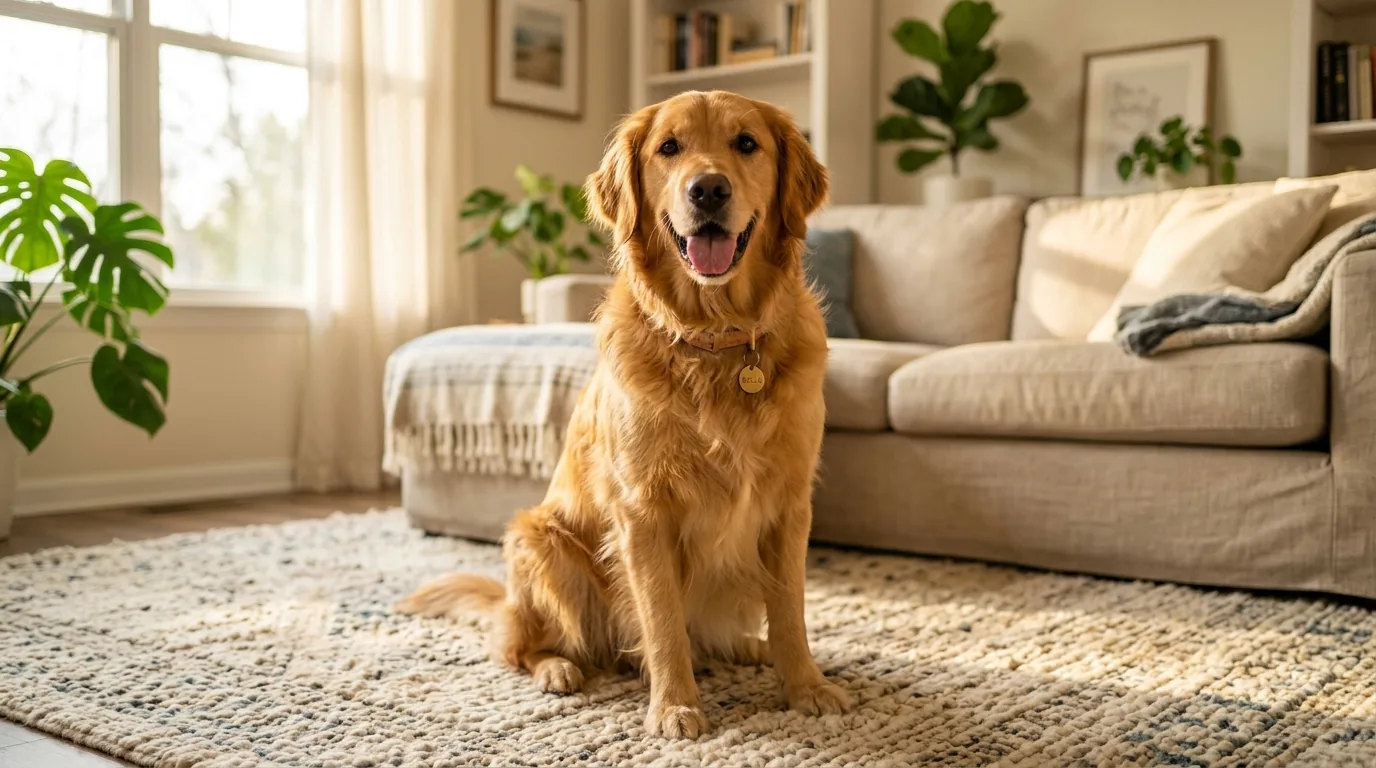 Cadela golden retriever feliz usando coleira delicada sentada em tapete em sala aconchegante